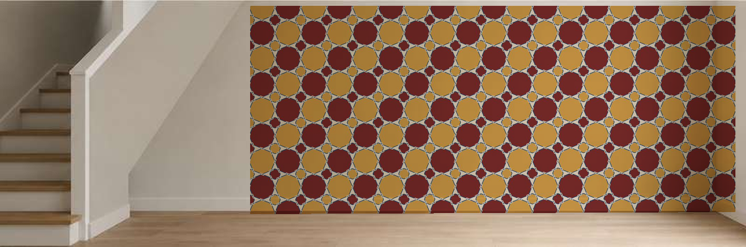 A geometric dado band composited onto the wall beside a staircase